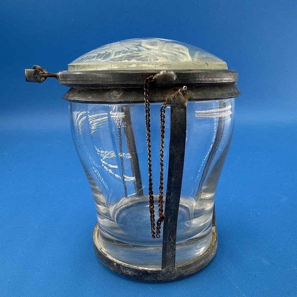 VTG Etched Rose Glass Powder Jar Vanity Box Metal Frame